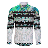 New Zealand Aotearoa Family Matching Mermaid Dress and Hawaiian Shirt With Paua Shell Kowhaiwhai Pattern LT05 Dad's Shirt - Long Sleeve Green - Polynesian Pride