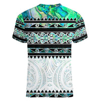 New Zealand Aotearoa Women V Neck T Shirt With Paua Shell Kowhaiwhai Pattern LT05 - Polynesian Pride