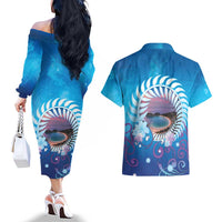 New Zealand Matapouri Beach Landscape Couples Matching Off The Shoulder Long Sleeve Dress and Hawaiian Shirt LT05 - Polynesian Pride