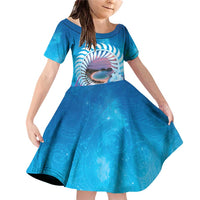 New Zealand Matapouri Beach Landscape Family Matching Off Shoulder Short Dress and Hawaiian Shirt LT05 Daughter's Dress Blue - Polynesian Pride