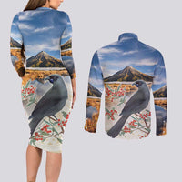 New Zealand Mount Taranaki Landscape Couples Matching Long Sleeve Bodycon Dress and Long Sleeve Button Shirt Kokako Bird Polynesian Style LT05 - Polynesian Pride