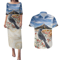 New Zealand Mount Taranaki Landscape Couples Matching Puletasi and Hawaiian Shirt Kokako Bird Polynesian Style LT05 Blue - Polynesian Pride