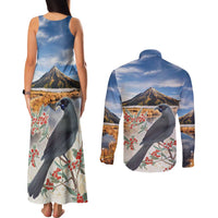 New Zealand Mount Taranaki Landscape Couples Matching Tank Maxi Dress and Long Sleeve Button Shirt Kokako Bird Polynesian Style LT05 - Polynesian Pride
