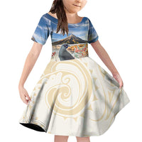 New Zealand Mount Taranaki Landscape Family Matching Off Shoulder Short Dress and Hawaiian Shirt Kokako Bird Polynesian Style LT05 Daughter's Dress Blue - Polynesian Pride