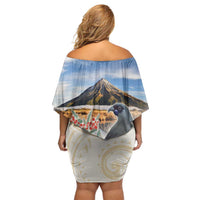 New Zealand Mount Taranaki Landscape Family Matching Off Shoulder Short Dress and Hawaiian Shirt Kokako Bird Polynesian Style LT05 - Polynesian Pride