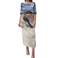 New Zealand Mount Taranaki Landscape Family Matching Puletasi and Hawaiian Shirt Kokako Bird Polynesian Style LT05 Mom's Dress Blue - Polynesian Pride