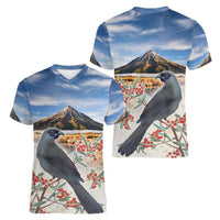 New Zealand Mount Taranaki Landscape Women V-Neck T-Shirt Kokako Bird Polynesian Style LT05 - Polynesian Pride