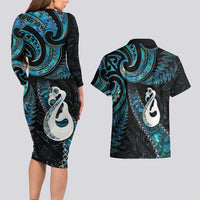 New Zealand Aotearoa Couples Matching Long Sleeve Bodycon Dress and Hawaiian Shirt Maori Manaia Paua Shell Glitter Turquoise LT05 - Polynesian Pride
