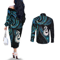 New Zealand Aotearoa Couples Matching Off The Shoulder Long Sleeve Dress and Long Sleeve Button Shirt Maori Manaia Paua Shell Glitter Turquoise