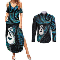 New Zealand Aotearoa Couples Matching Summer Maxi Dress and Long Sleeve Button Shirt Maori Manaia Paua Shell Glitter Turquoise