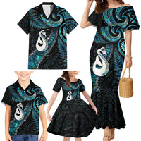New Zealand Aotearoa Family Matching Mermaid Dress and Hawaiian Shirt Maori Manaia Paua Shell Glitter Turquoise LT05 - Polynesian Pride