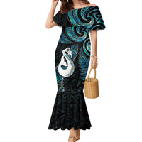 New Zealand Aotearoa Family Matching Mermaid Dress and Hawaiian Shirt Maori Manaia Paua Shell Glitter Turquoise LT05 Mom's Dress Turquoise - Polynesian Pride