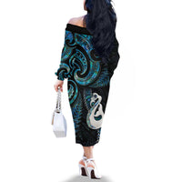 New Zealand Aotearoa Family Matching Off The Shoulder Long Sleeve Dress and Hawaiian Shirt Maori Manaia Paua Shell Glitter Turquoise LT05 - Polynesian Pride