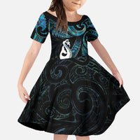 New Zealand Aotearoa Family Matching Off Shoulder Maxi Dress and Hawaiian Shirt Maori Manaia Paua Shell Glitter Turquoise LT05 Daughter's Dress Turquoise - Polynesian Pride