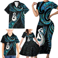 New Zealand Aotearoa Family Matching Short Sleeve Bodycon Dress and Hawaiian Shirt Maori Manaia Paua Shell Glitter Turquoise LT05 - Polynesian Pride
