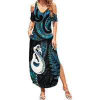 New Zealand Aotearoa Family Matching Summer Maxi Dress and Hawaiian Shirt Maori Manaia Paua Shell Glitter Turquoise LT05 Mom's Dress Turquoise - Polynesian Pride