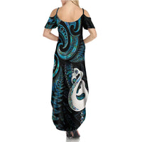 New Zealand Aotearoa Family Matching Summer Maxi Dress and Hawaiian Shirt Maori Manaia Paua Shell Glitter Turquoise LT05 - Polynesian Pride