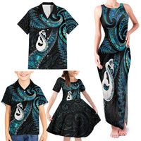 New Zealand Aotearoa Family Matching Tank Maxi Dress and Hawaiian Shirt Maori Manaia Paua Shell Glitter Turquoise LT05 - Polynesian Pride
