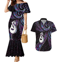 New Zealand Aotearoa Couples Matching Mermaid Dress and Hawaiian Shirt Maori Manaia Paua Shell Glitter Purple LT05 Purple - Polynesian Pride