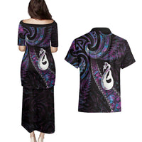 New Zealand Aotearoa Couples Matching Puletasi and Hawaiian Shirt Maori Manaia Paua Shell Glitter Purple
