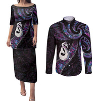 New Zealand Aotearoa Couples Matching Puletasi and Long Sleeve Button Shirt Maori Manaia Paua Shell Glitter Purple