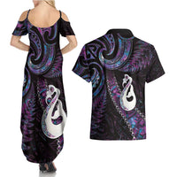New Zealand Aotearoa Couples Matching Summer Maxi Dress and Hawaiian Shirt Maori Manaia Paua Shell Glitter Purple