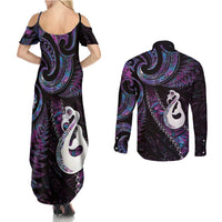 New Zealand Aotearoa Couples Matching Summer Maxi Dress and Long Sleeve Button Shirt Maori Manaia Paua Shell Glitter Purple