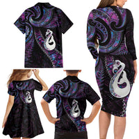 New Zealand Aotearoa Family Matching Long Sleeve Bodycon Dress and Hawaiian Shirt Maori Manaia Paua Shell Glitter Purple LT05 - Polynesian Pride