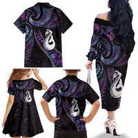 New Zealand Aotearoa Family Matching Off The Shoulder Long Sleeve Dress and Hawaiian Shirt Maori Manaia Paua Shell Glitter Purple LT05 - Polynesian Pride