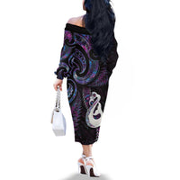 New Zealand Aotearoa Family Matching Off The Shoulder Long Sleeve Dress and Hawaiian Shirt Maori Manaia Paua Shell Glitter Purple LT05 - Polynesian Pride