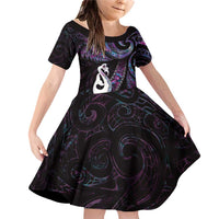 New Zealand Aotearoa Family Matching Off Shoulder Short Dress and Hawaiian Shirt Maori Manaia Paua Shell Glitter Purple LT05 Daughter's Dress Purple - Polynesian Pride
