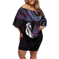 New Zealand Aotearoa Family Matching Off Shoulder Short Dress and Hawaiian Shirt Maori Manaia Paua Shell Glitter Purple LT05 Mom's Dress Purple - Polynesian Pride