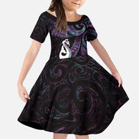 New Zealand Aotearoa Family Matching Puletasi and Hawaiian Shirt Maori Manaia Paua Shell Glitter Purple LT05 Daughter's Dress Purple - Polynesian Pride