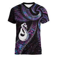 New Zealand Aotearoa Women V-Neck T-Shirt Maori Manaia Paua Shell Glitter Purple