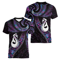New Zealand Aotearoa Women V-Neck T-Shirt Maori Manaia Paua Shell Glitter Purple