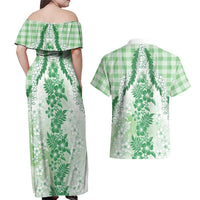 Aloha Hawaii Palaka Couples Matching Off Shoulder Maxi Dress and Hawaiian Shirt Green Plumeria Lei - Polynesian Pride