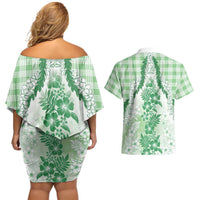 Aloha Hawaii Palaka Couples Matching Off Shoulder Short Dress and Hawaiian Shirt Green Plumeria Lei - Polynesian Pride