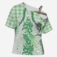 Aloha Hawaii Palaka Cross Shoulder Shirt Green Plumeria Lei - Polynesian Pride