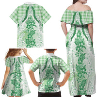Aloha Hawaii Palaka Family Matching Off Shoulder Maxi Dress and Hawaiian Shirt Green Plumeria Lei LT05 - Polynesian Pride