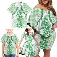 Aloha Hawaii Palaka Family Matching Off Shoulder Short Dress and Hawaiian Shirt Green Plumeria Lei LT05 - Polynesian Pride