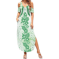 Aloha Hawaii Palaka Family Matching Summer Maxi Dress and Hawaiian Shirt Green Plumeria Lei LT05 Mom's Dress Green - Polynesian Pride