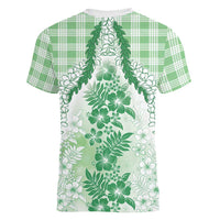Aloha Hawaii Palaka Women V-Neck T-Shirt Green Plumeria Lei - Polynesian Pride