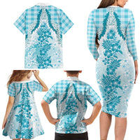 Aloha Hawaii Palaka Family Matching Long Sleeve Bodycon Dress and Hawaiian Shirt Blue Plumeria Lei LT05 - Polynesian Pride