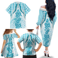 Aloha Hawaii Palaka Family Matching Off The Shoulder Long Sleeve Dress and Hawaiian Shirt Blue Plumeria Lei LT05 - Polynesian Pride