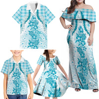 Aloha Hawaii Palaka Family Matching Off Shoulder Maxi Dress and Hawaiian Shirt Blue Plumeria Lei LT05 - Polynesian Pride