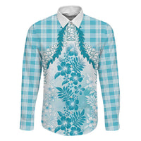 Aloha Hawaii Palaka Family Matching Off Shoulder Maxi Dress and Hawaiian Shirt Blue Plumeria Lei LT05 Dad's Shirt - Long Sleeve Blue - Polynesian Pride