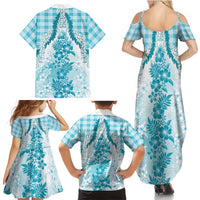 Aloha Hawaii Palaka Family Matching Summer Maxi Dress and Hawaiian Shirt Blue Plumeria Lei LT05 - Polynesian Pride