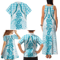 Aloha Hawaii Palaka Family Matching Tank Maxi Dress and Hawaiian Shirt Blue Plumeria Lei LT05 - Polynesian Pride