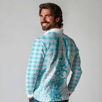 Aloha Hawaii Palaka Long Sleeve Polo Shirt Blue Plumeria Lei - Polynesian Pride