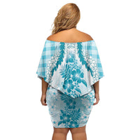 Aloha Hawaii Palaka Off Shoulder Short Dress Blue Plumeria Lei - Polynesian Pride